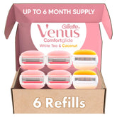 Gillette Venus ComfortGlide White Tea 3-blade refill for a smooth shave.