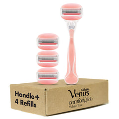 Gillette Venus ComfortGlide White Tea razor blades delivering a smooth, close shave.