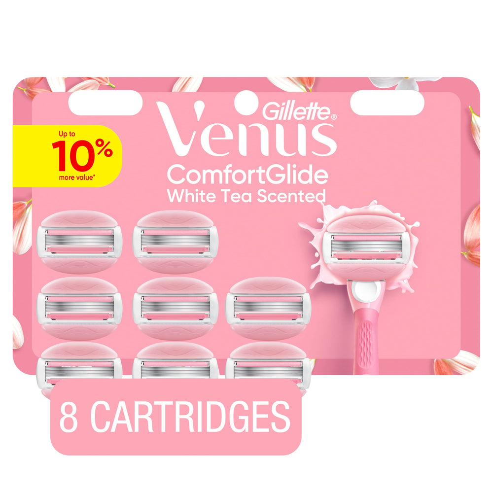 Gillette Venus ComfortGlide White Tea razor close-up with built-in shave gel.