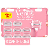 Gillette Venus ComfortGlide White Tea razor close-up with built-in shave gel.