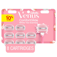 Gillette Venus ComfortGlide White Tea razor close-up with built-in shave gel.