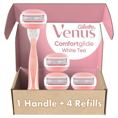Gillette Venus ComfortGlide White Tea razor handle for a comfortable grip during shaving.