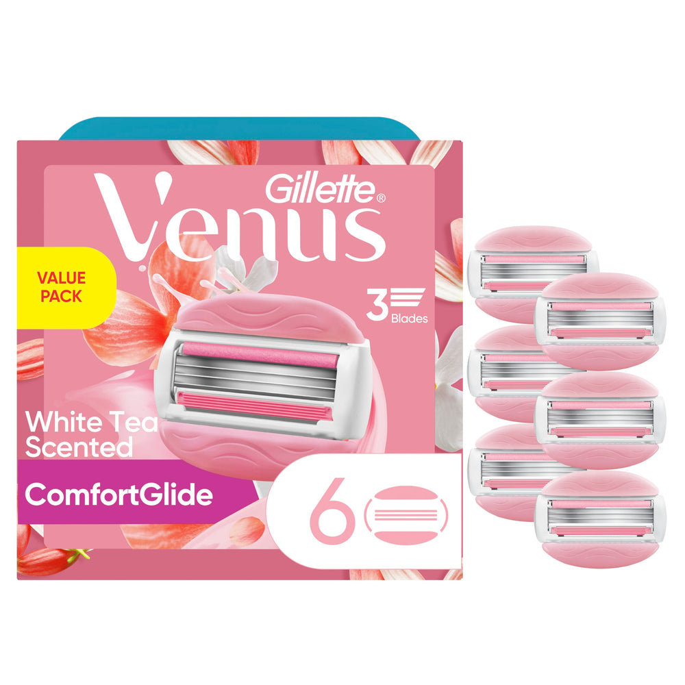 Gillette Venus ComfortGlide six-count refills laid out for a smooth, close shave.