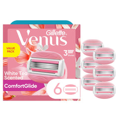 Gillette Venus ComfortGlide six-count refills laid out for a smooth, close shave.