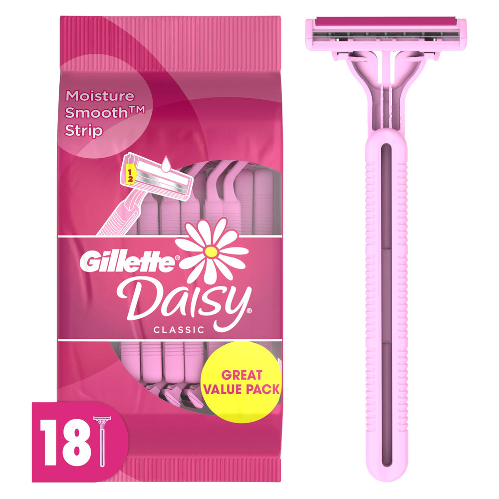 Gillette Venus Daisy Classic razor pack with 18 disposables for easy replacement.