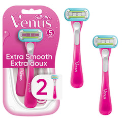 Gillette Venus Extra Smooth Green disposable razor pack shot showing two blades for quick, close shaves