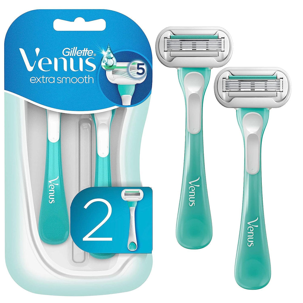 Gillette Venus Extra Smooth Sensitive razor close-up; two-count pack for gentle daily shaves.