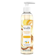 Gillette Venus Moisturizing Shave Oil bottle with vanilla and honey scent for a smooth glide.