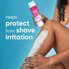 Gillette Venus Satin Care Dry Skin bottle close-up emphasizing rich lather for a smooth shave