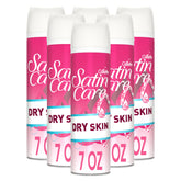 Gillette Venus Satin Care Dry Skin shave gel six-pack pack shot highlighting moisturizing formula