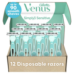 Gillette Venus Simply 3 Sensitive razor package showing value and close shave potential.