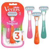 Gillette Venus Tropical razor handle with multicolor design and refreshing scent.