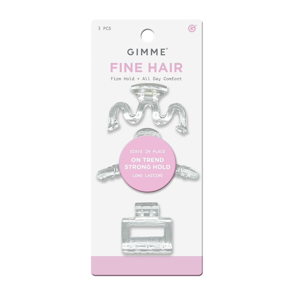 GIMME Beauty Fine Hair Claw Clip clear, showing secure hold for thin hair.