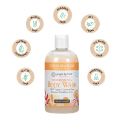Ginger Lily Farms Nourishing Body Wash coco mango lather shows creamy texture for daily cleansing