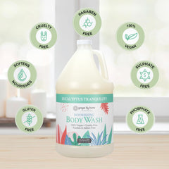 Ginger Lily Farms Botanicals Nourishing Body Wash label emphasizes vegan, cruelty-free, gentle skin care.