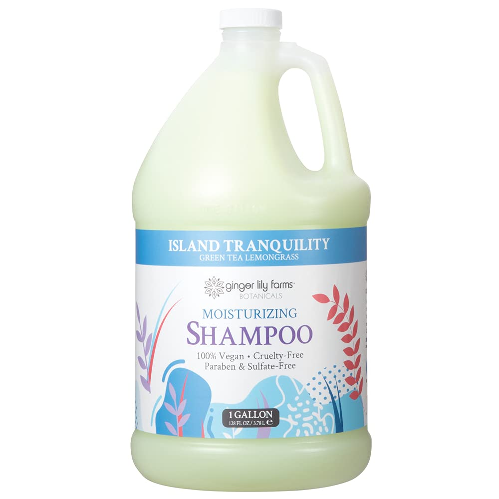Ginger Lily Farms Island Tranquility shampoo bottle delivering moisture and shine.