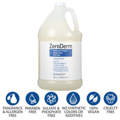 Close-up of ZeroDerm label emphasizing sulfate-free vegan formula.