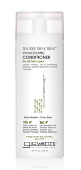 Acondicionador Giovanni con árbol de té para cabello vigoroso y cuero cabelludo fresco.
