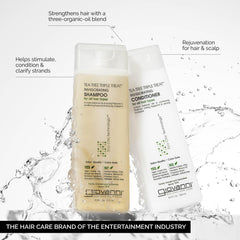 GIOVANNI Tea Tree Triple Treat shampoo bottle close-up highlights peppermint and eucalyptus