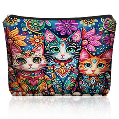 Girlly Bohemian Cat Makeup Bag front view with vibrant cat graphics for everyday use.