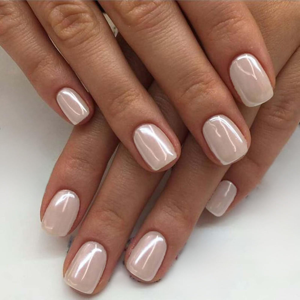 GLAMERMAID uñas pegadas extras cortas blanco perla cromado, acabado duradero