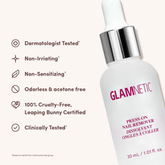 Glamnetic Remover elimina residuos de pegamento sin dañar las uñas.