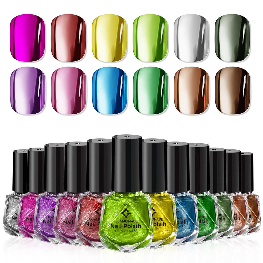 Glamonade esmalte metálico 12 colores con acabado cromado de alto brillo.