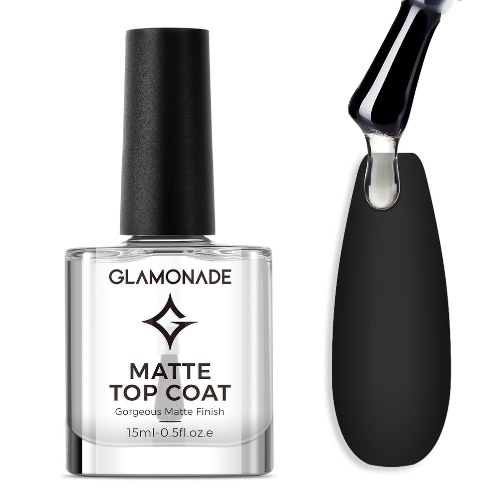 Glamonade Matte Top Coat bottle glistening, delivering a clear matte finish for any manicure.