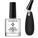 Glamonade Matte Top Coat bottle glistening, delivering a clear matte finish for any manicure.