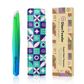 GlamTweeler expert slant tip tweezers blue-green finish for precise brow grooming.