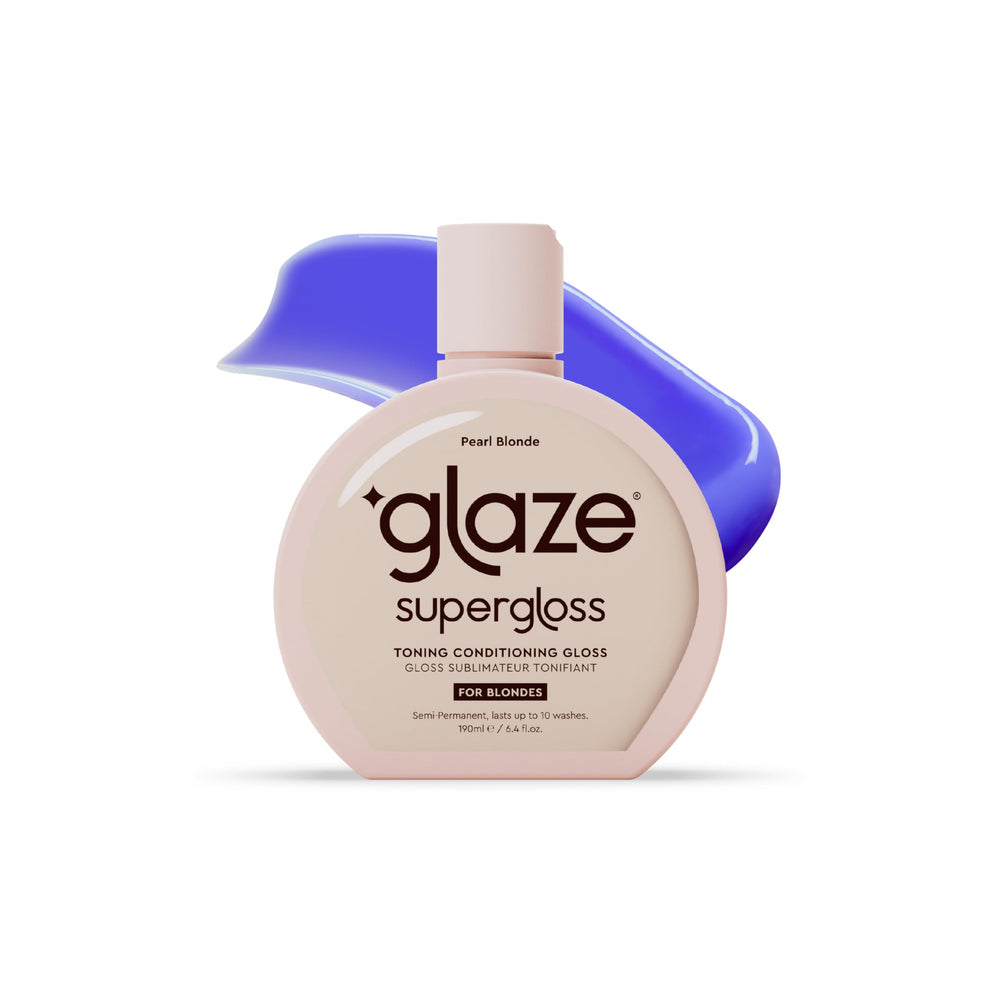 Glaze Supergloss purple bottle close-up for blonde toning.