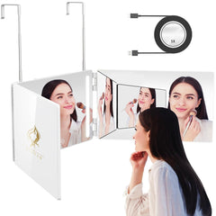 GLDDAO LED 3-Way Mirror shows back head in 360 view for braiding and makeup checks.
