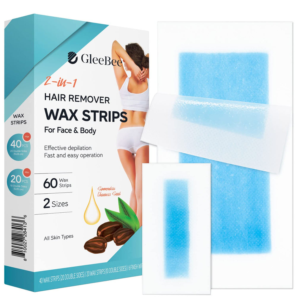 GleeBee wax strips 60-count pack with two sizes for versatile removal.