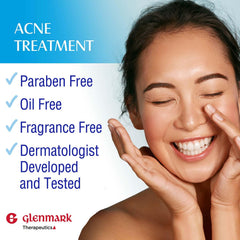 Glenmark Therapeutics Adapalene Gel 0.1% se aplica en la frente y mejillas, cobertura uniforme sin irritación.