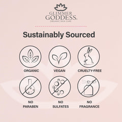 Glimmer Goddess organic ingredients bottle for natural skin nourishment.