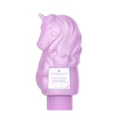 Glimmer Wish gel para niños: botella unicornio lavanda, ideal para baño suave.