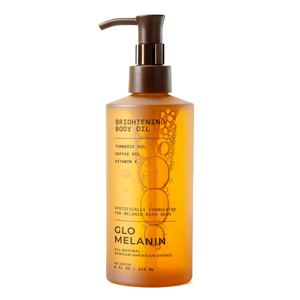 Glo Melanin Brightening Body Oil bottle for lightweight hydration on melanin-rich skin.