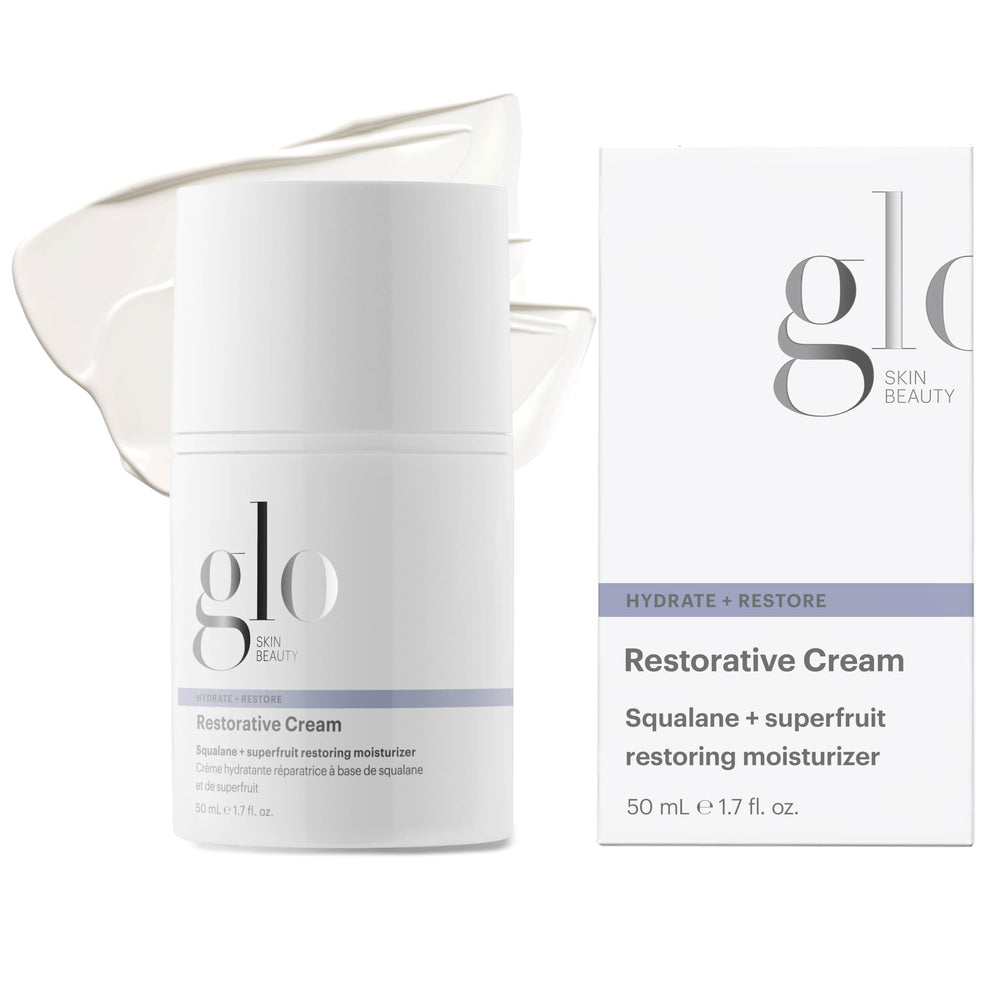 Glo Skin Beauty Restorative Cream jar closeup showing rich hydration for dry skin