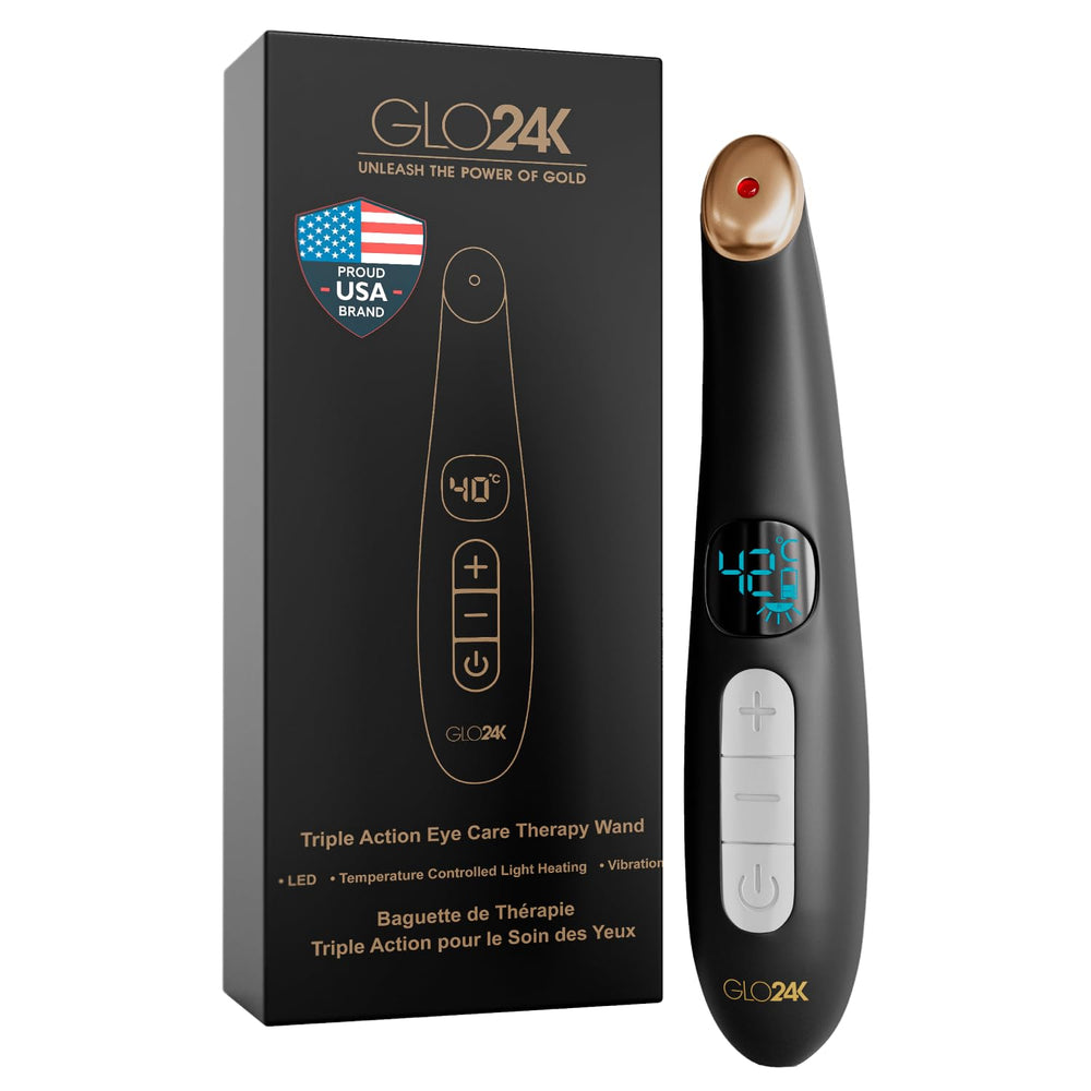 GLO24K heated eye wand in a portable design for on-the-go eye care.