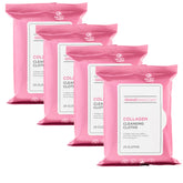 Global Beauty Care Collagen Cleansing Wipes packaging showcasing the 100-count box and four-pack design for easy travel and daily use.