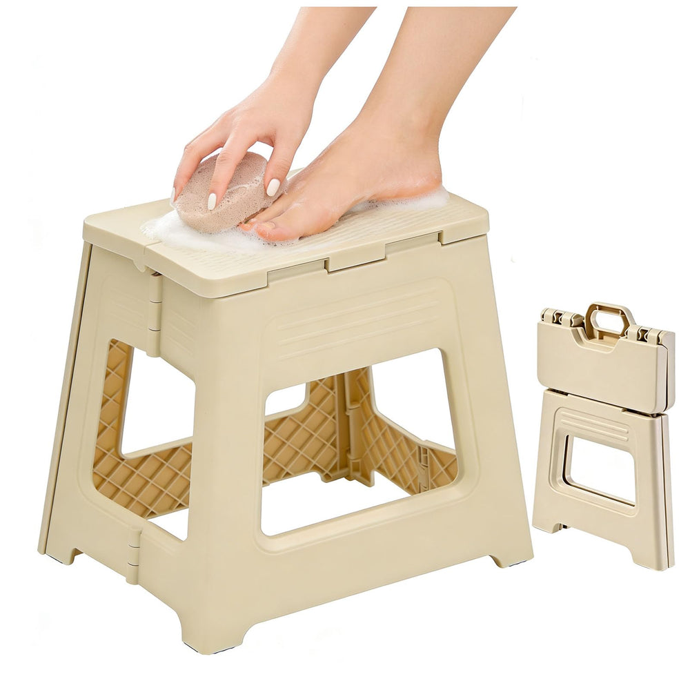 Glooyoderr foldable shower stool folds flat for easy storage.