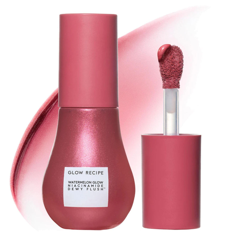 Glow Recipe Niacinamide Dewy Flush bottle pour showing buildable berry tint