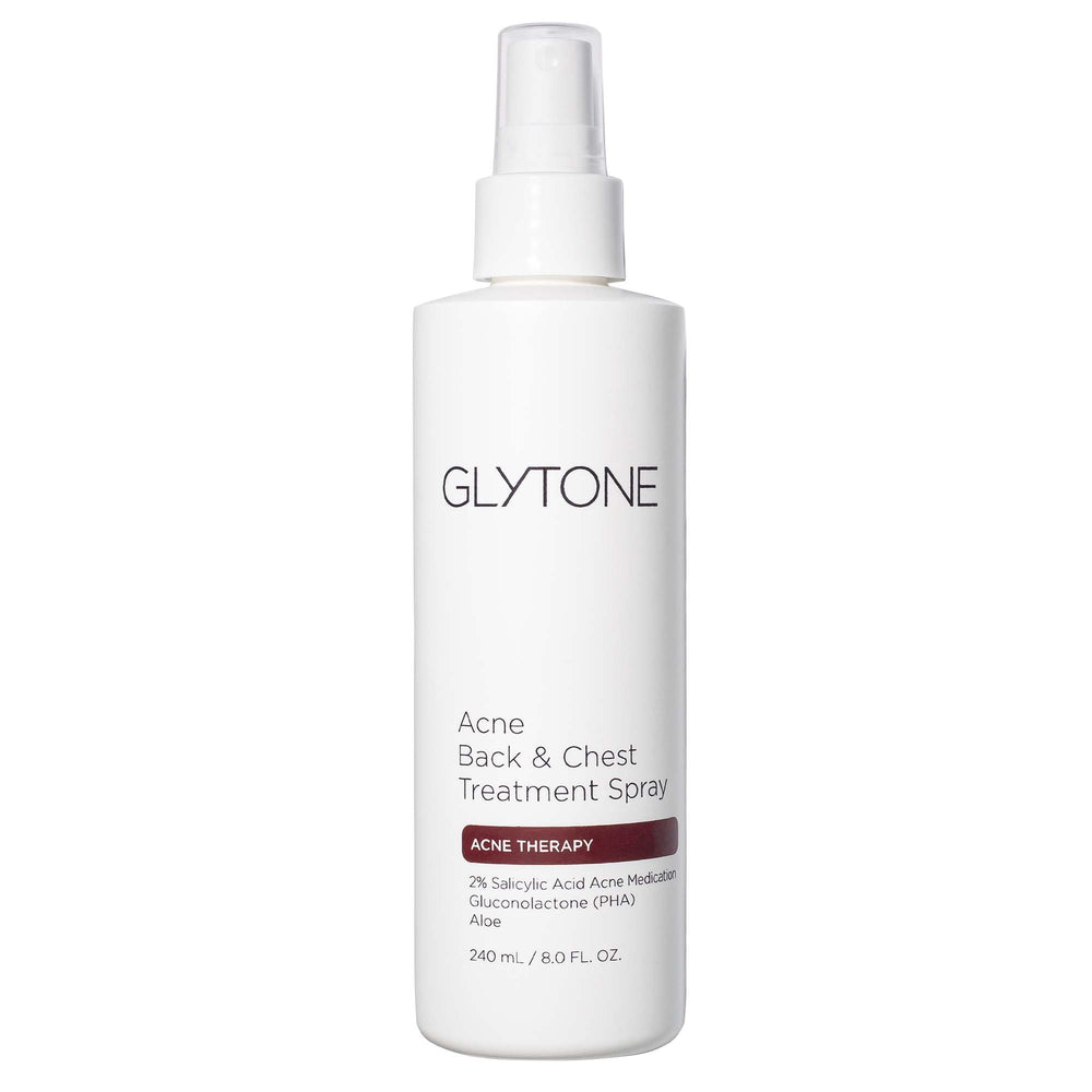 Glytone chest and back acne spray bottle with upside-down pump for easy application