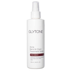 Glytone chest and back acne spray bottle with upside-down pump for easy application