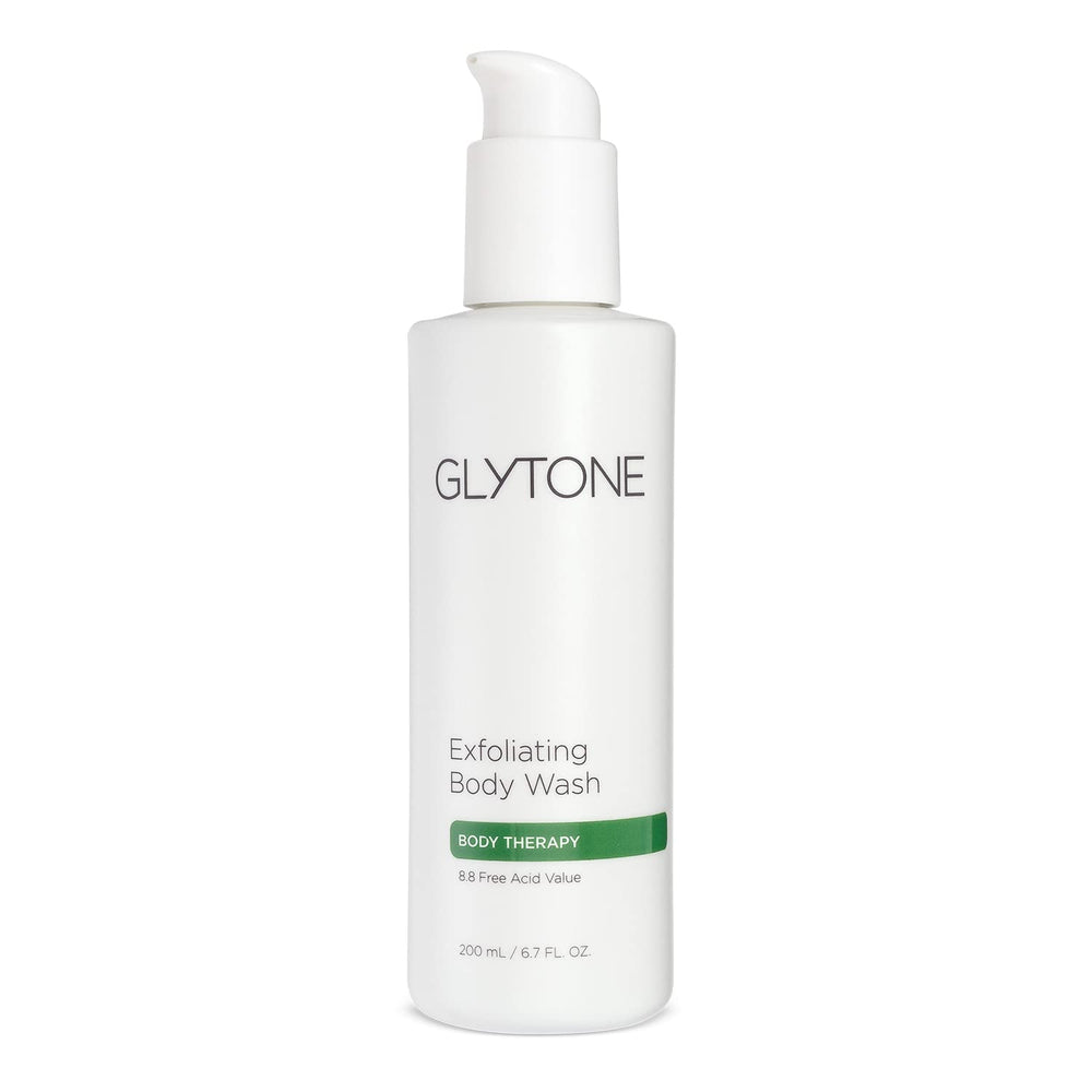 Glytone Exfoliating Body Wash bottle on shelf highlighting gentle exfoliation for smooth skin.