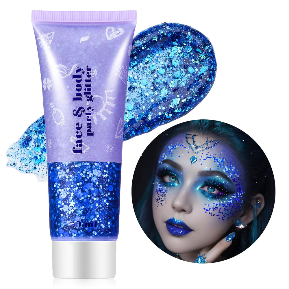 Go Ho Blue Face Glitter bottle showing holo finish for festival skin.
