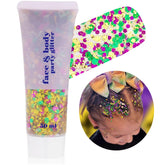 Go Ho Face Body Glitter Gel in Mardi Gras colors for bold festival sparkle.