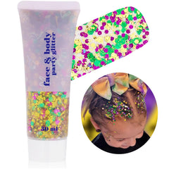 Go Ho Face Body Glitter Gel in Mardi Gras colors for bold festival sparkle.