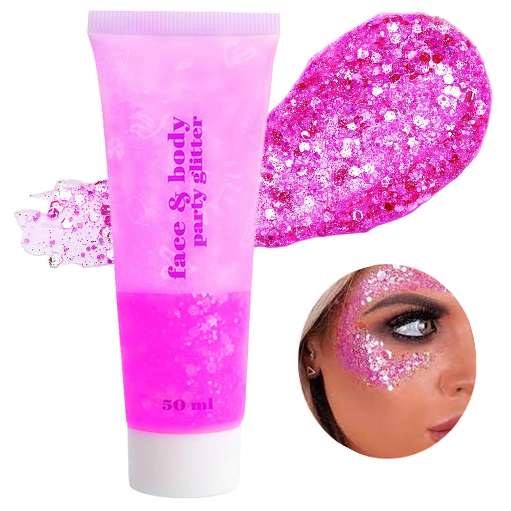 Go Ho Hot Pink Glitter Gel adds face and body glow with holographic sparkle.