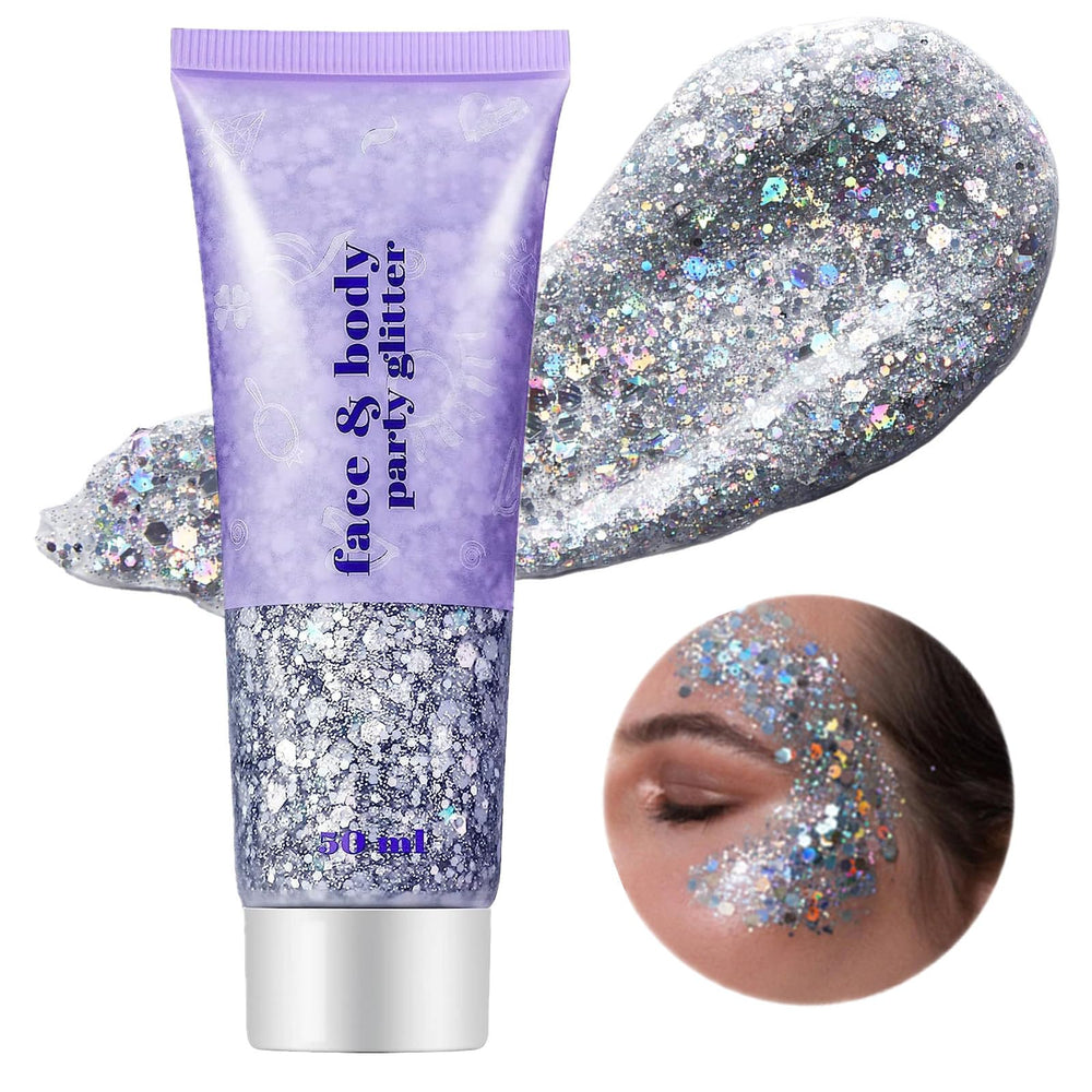 Go Ho Silver Glitter Gel close-up showing holographic sparkle for festival looks.